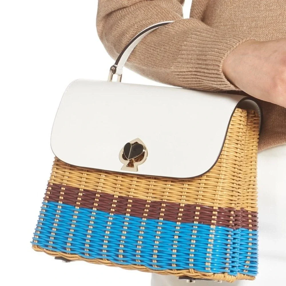 Kate Spade Romy Wicker Medium Top Handle Bag White Blue Woven